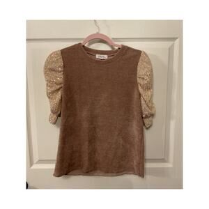 THML Short Gathered Puff Sequin Sleeve Brown Chenille Sweater , S